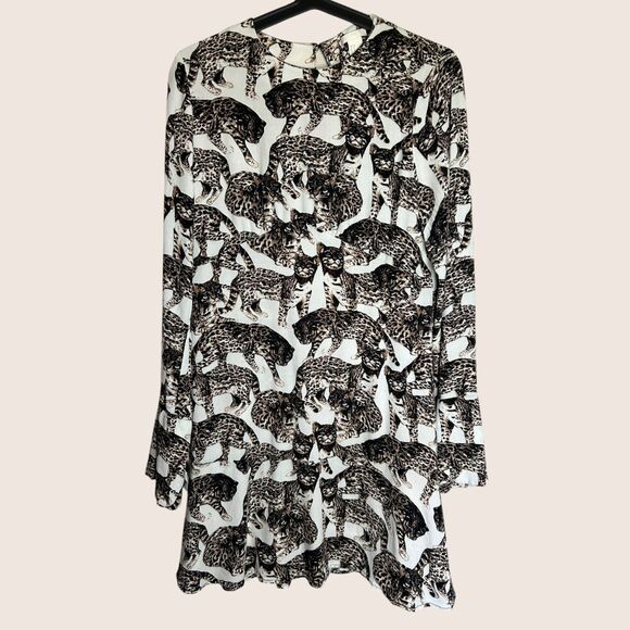 🐅 H+M BENGAL CAT A-LINE MINI DRESS SPLIT BELL SLEEVES KEYHOLE BACK CLOSURE SZ 6 - Picture 2 of 5